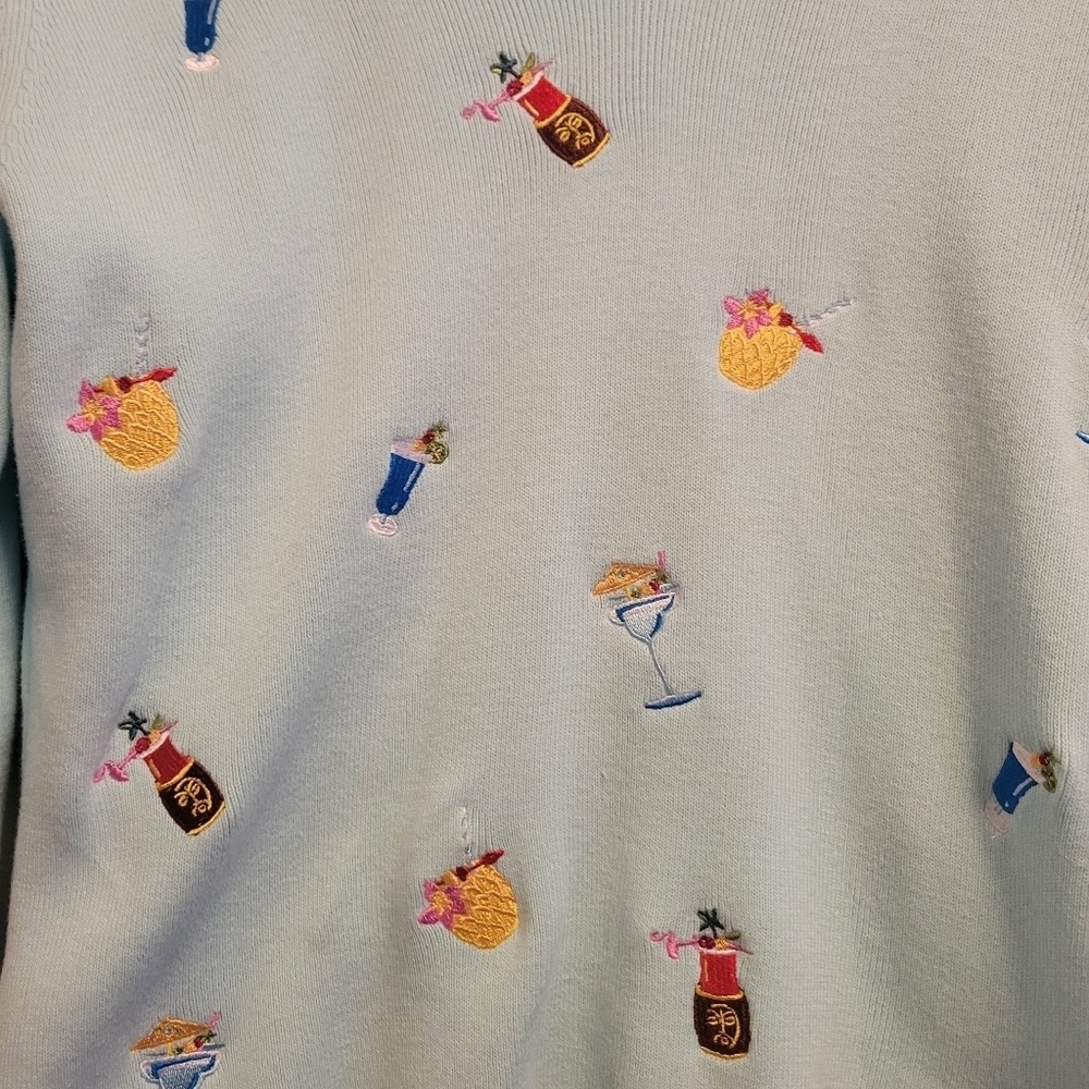 Vintage 90s Cocktail Embroidered Sweater Blue Cotton Novelty Bar Knit Martini LP - Picture 4 of 6